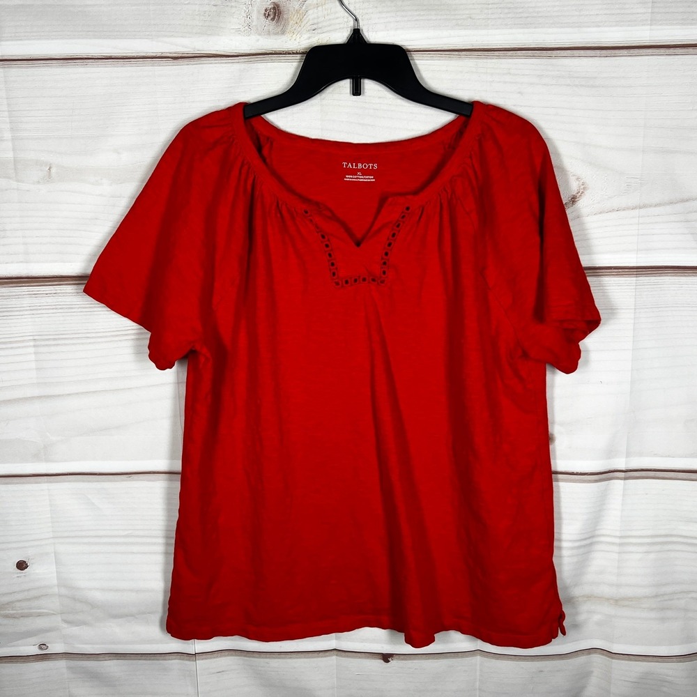 Talbots V-Neck Top Womens XL Orange Eyelet Trim Short Sleeve Cotton Knit T-Shirt